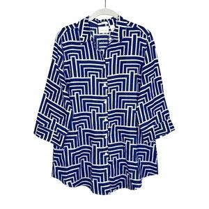 Chico's Tunic Top Womens 1 Blue Geometric Linen No Iron Button 3/4 Sleeve